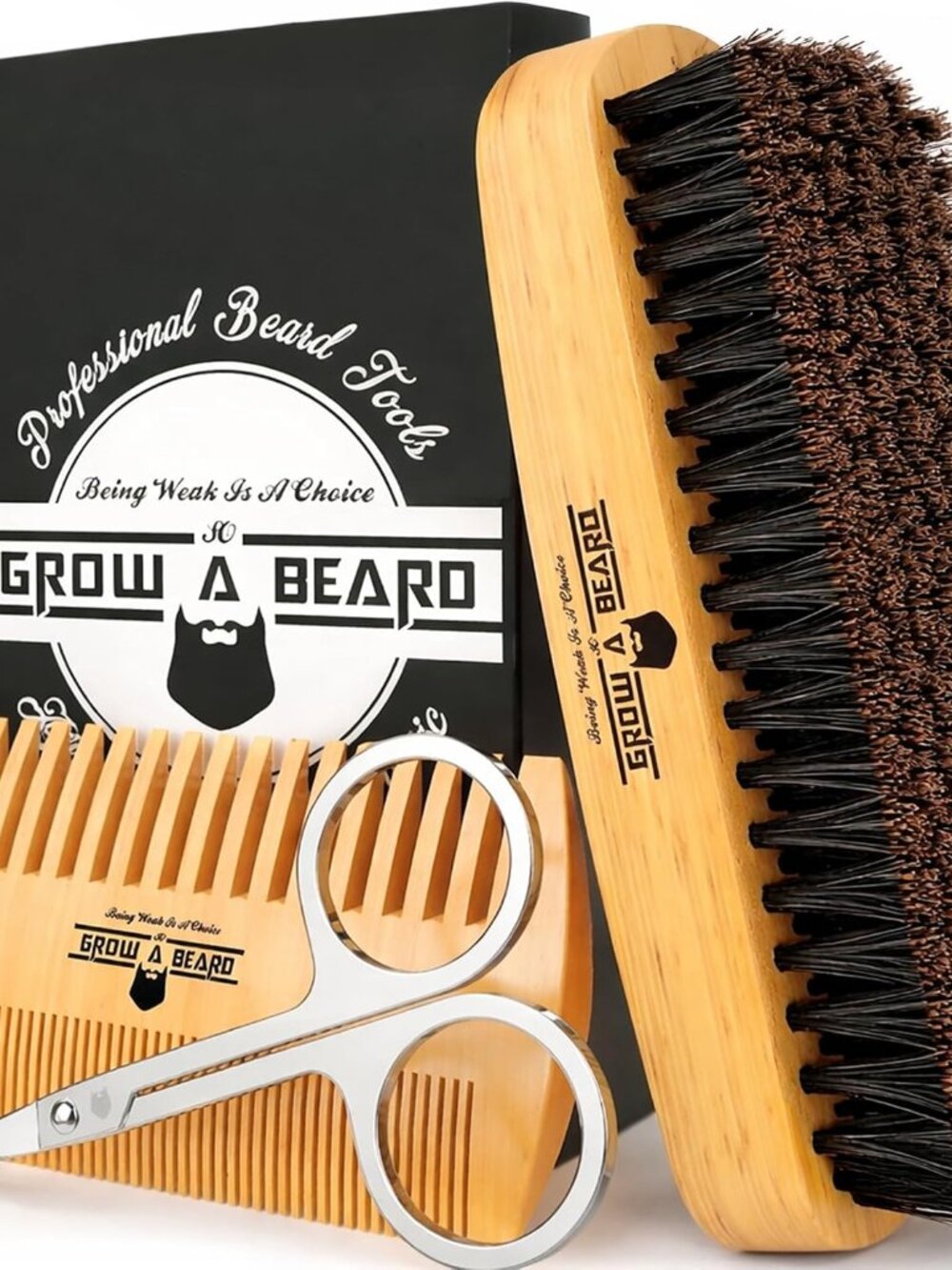 Beard Brush For Men & Beard Comb Set w/Mustache Scissors Grooming Kit, Natural B